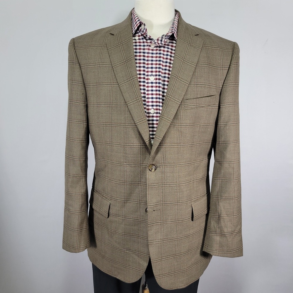 JOS A BANK Men's Sport Coat Blazer Two Button Brown Plaid Wool Size 42R
